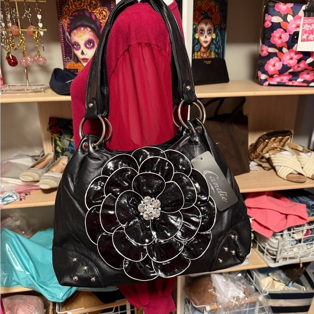 Vegan Leather Black Floral Bag + Pink Hearts Wallet Bundle – $30 🖤